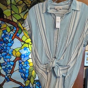 LOFT Blue and White Striped Tie-Front Top